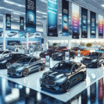 A modern car showroom, with various types of cars and colorful posters showcasing financing options