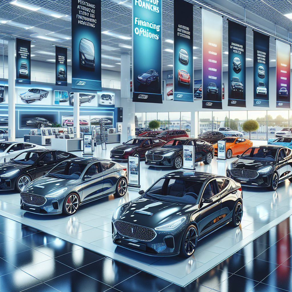 A modern car showroom, with various types of cars and colorful posters showcasing financing options