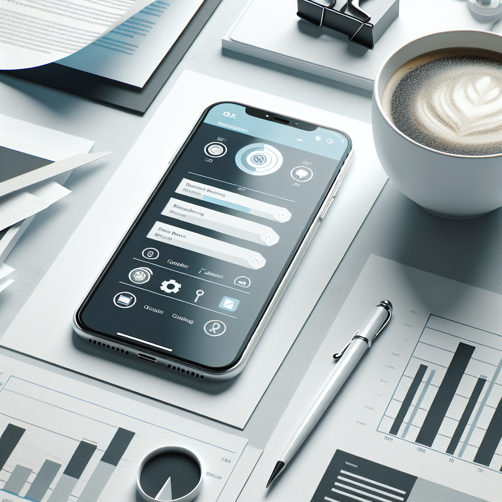 Nærbilde av en mobiltelefon med en bank-app åpen, omgitt av dokumenter og en kopp kaffe, moderne og minimalistisk fargepalett