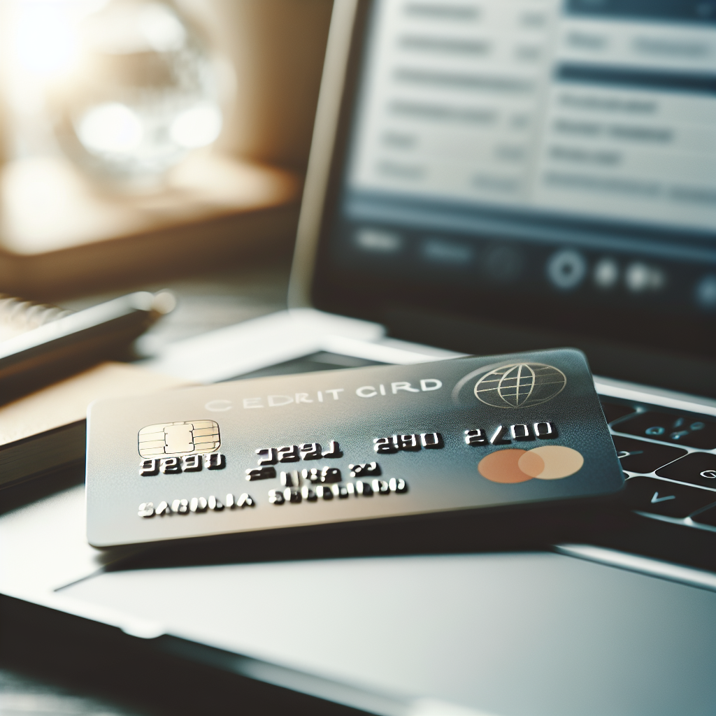 Nært bilde av et MasterCard-kredittkort på et skrivebord med en laptop i bakgrunnen, nøytrale farger, profesjonell stil, fokus på sikker betaling og digitale verktøy